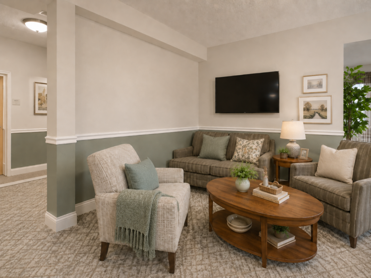 Comfortable seating area with soft lighting, plants, and a welcoming atmosphere for community gatherings.