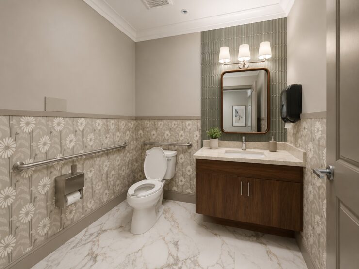 Accessible bathroom with floral accents, wood cabinetry, and warm lighting for comfort and ease.