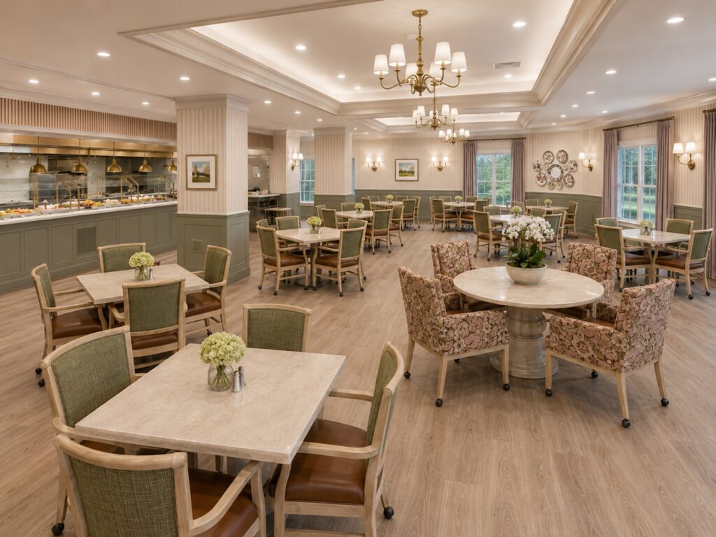 Bright dining space with elegant seating, fresh flowers, and a welcoming buffet area for residents.