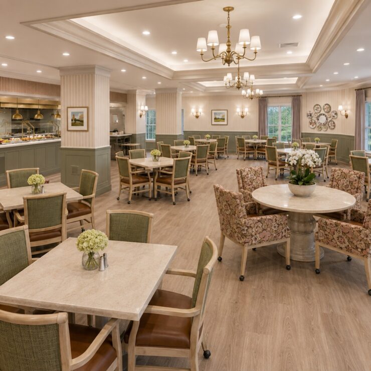 Bright dining space with elegant seating, fresh flowers, and a welcoming buffet area for residents.