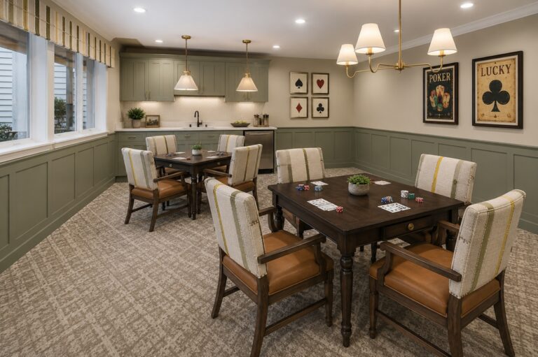 Well-lit card room with comfortable seating and inviting decor for socializing and games.