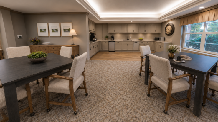 Bright and inviting communal dining area with comfortable seating and a modern kitchen.