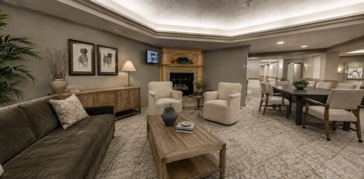 Inviting common area with comfortable seating, fireplace, and warm lighting for social gatherings.