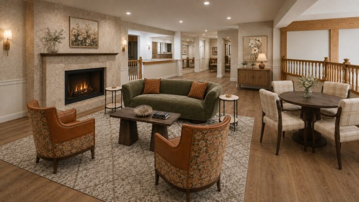 Welcoming seating area with fireplace, abundant natural light, and warm, inviting décor.