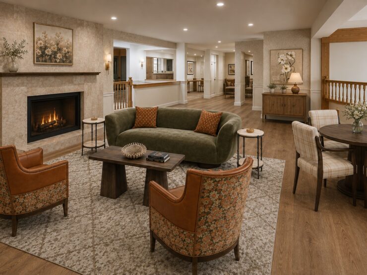 Welcoming seating area with fireplace, abundant natural light, and warm, inviting décor.