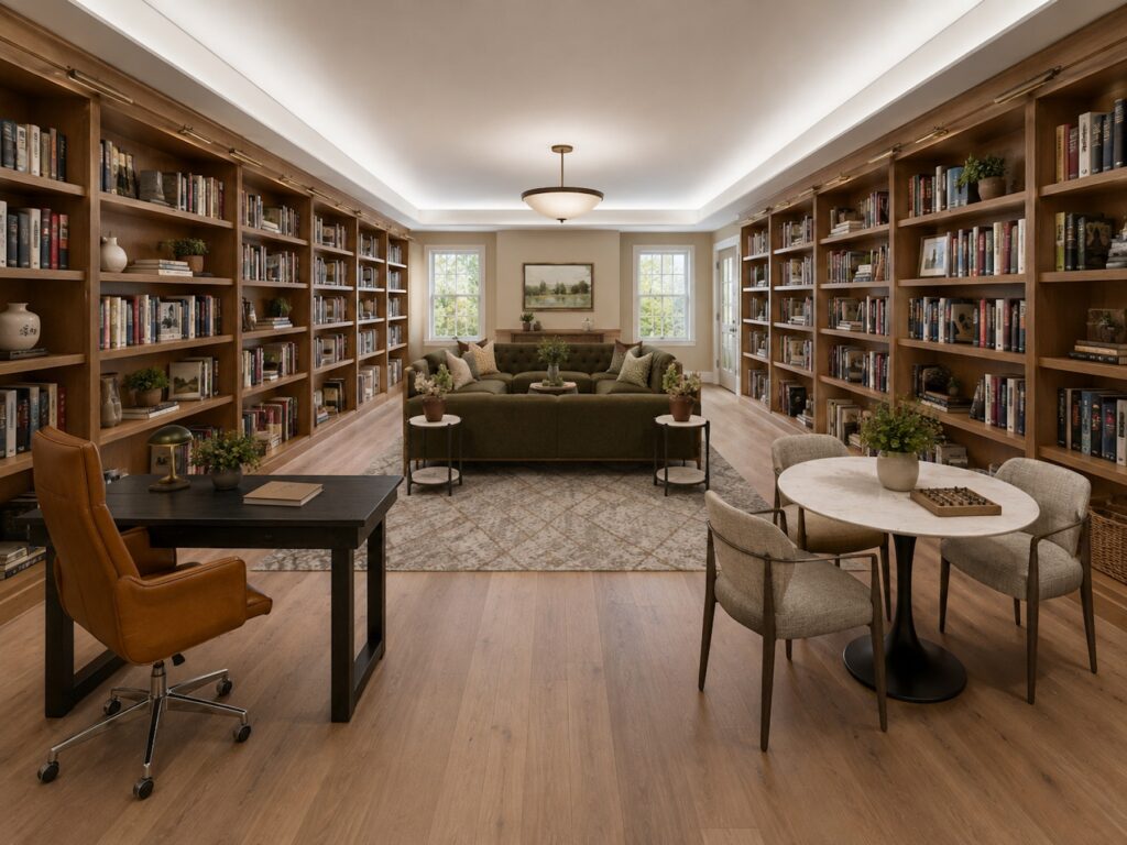 Bright communal library with plush seating, bookshelves, and welcoming natural light.