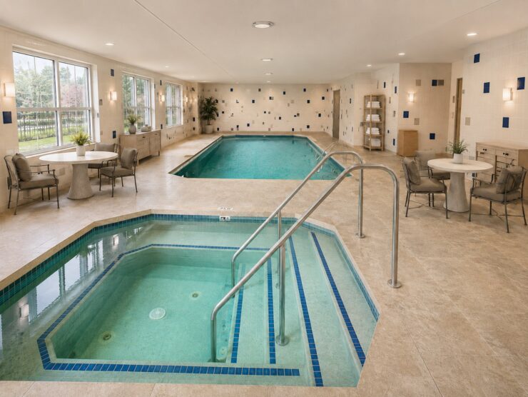 Heated indoor pool and spa area with comfortable seating and natural light from large windows.