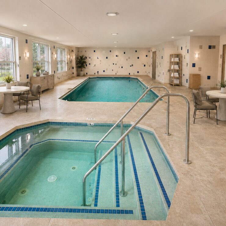 Heated indoor pool and spa area with comfortable seating and natural light from large windows.