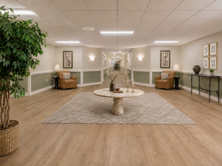 Inviting seating area with comfortable chairs, soft lighting, and tasteful decor promoting community and calm.
