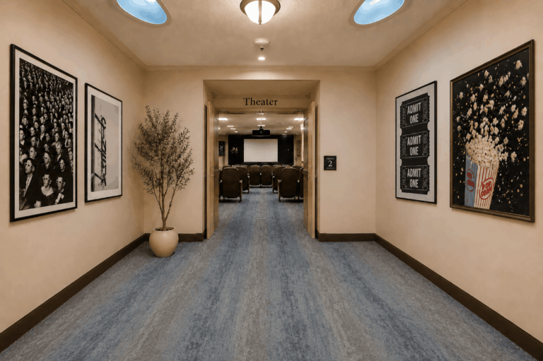 Welcoming theater entrance with comfortable seating and nostalgic movie-themed decor for shared enjoyment.