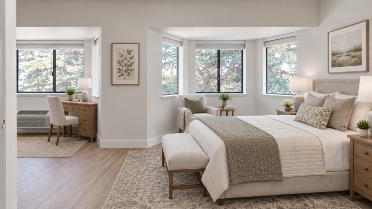 Sunlit retirement home bedroom with comfortable seating, soft linens, and calming decor.