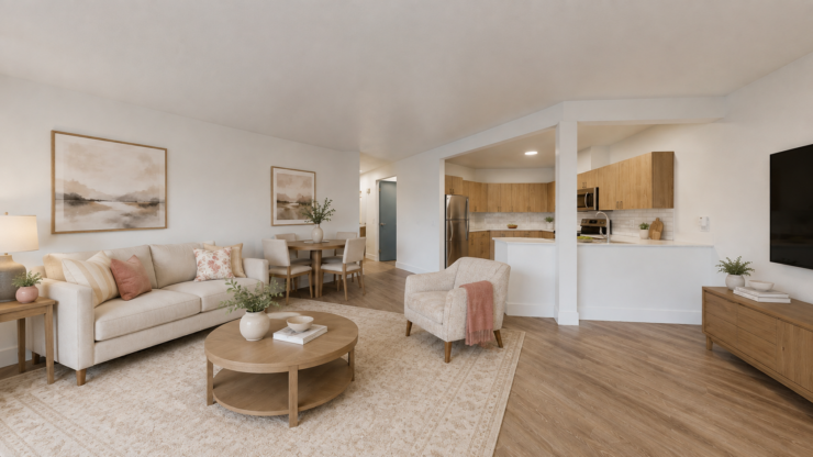 Bright and inviting living space with comfortable seating, dining area, and modern kitchen.