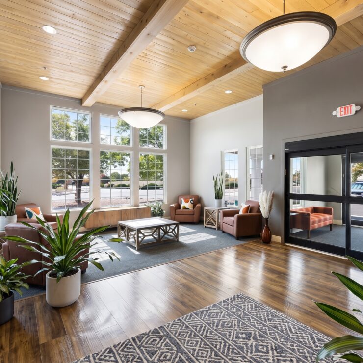 Bright lounge with large windows, comfortable chairs, plants, and warm wooden accents.