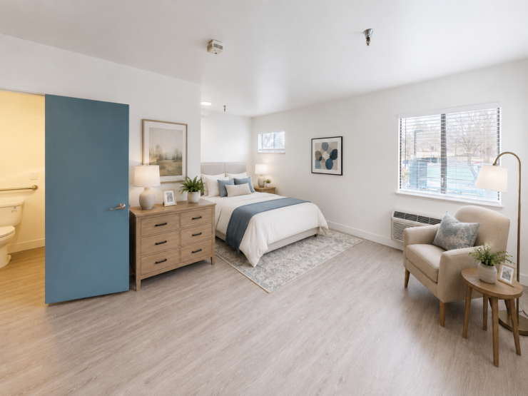 Bright and inviting bedroom with comfortable furnishings and accessible bathroom, perfect for retirement living.