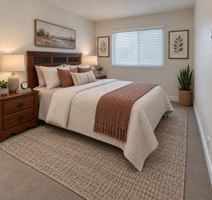Well-lit bedroom with warm wood furniture, soft bedding, and decorative plants.