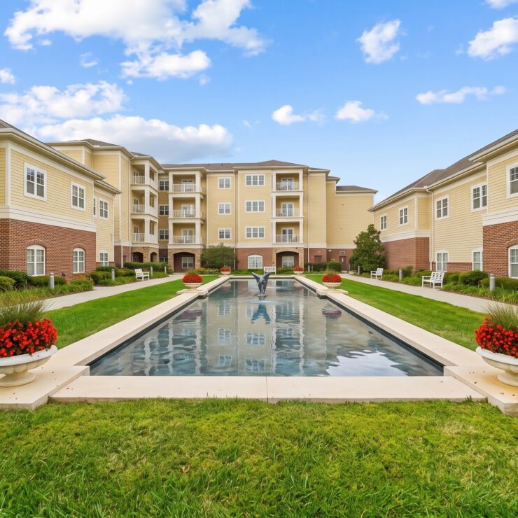 Sunlit courtyard with water feature, benches, and vibrant flowers in a welcoming community space.
