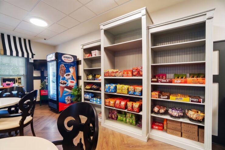 Bright and inviting snack area offering a variety of treats for residents to enjoy together.