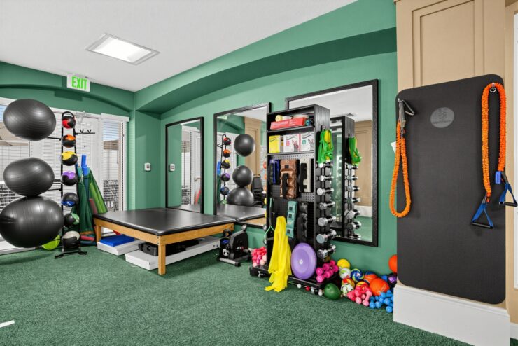 Well-equipped exercise room with fitness gear, mirrors, and natural light, fostering active living.