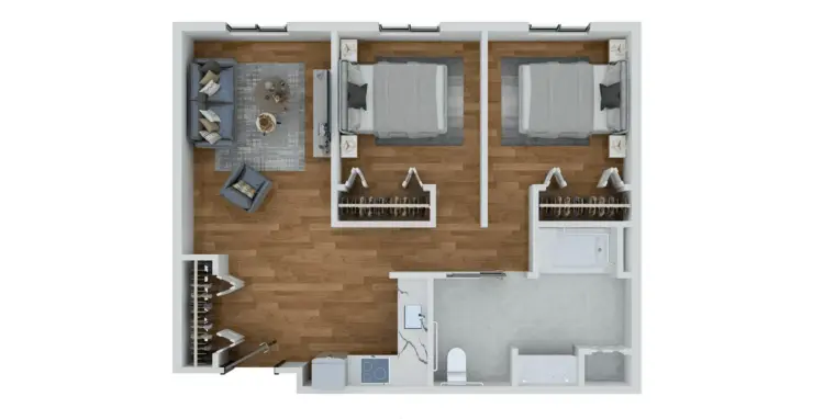 Two-bedroom apartment layout with open living space, kitchen, and accessible bathroom.