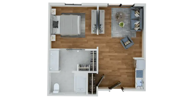 Spacious one-bedroom layout with open living space, comfortable seating, and modern amenities.