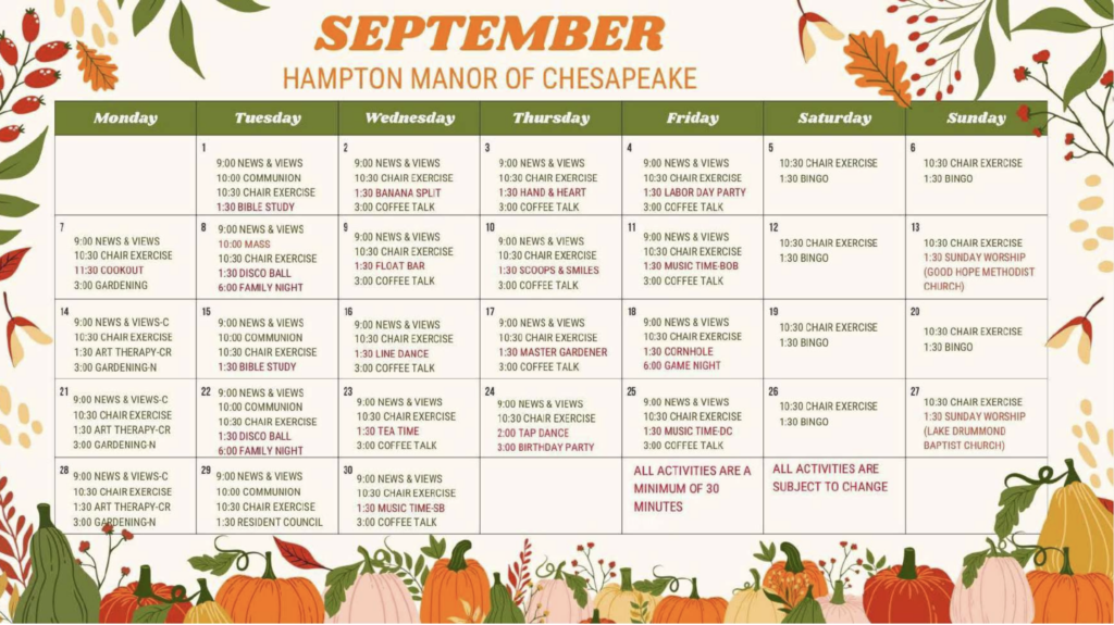 September activity calendar filled with engaging events at Hampton Manor of Chesapeake.