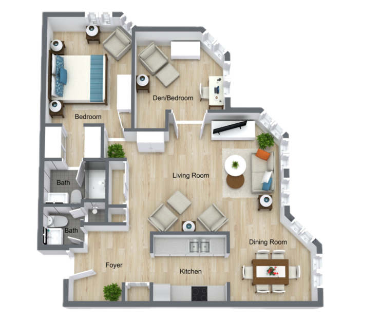 Bright and inviting apartment layout with spacious living, dining, and bedroom areas designed for comfort.