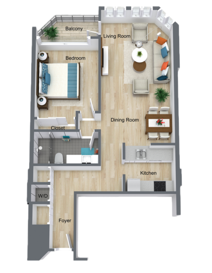 Bright and inviting one-bedroom floor plan with open living, dining, kitchen, and balcony spaces.
