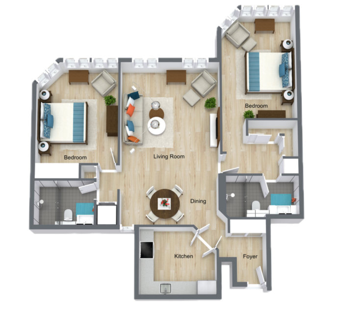 Spacious and inviting two-bedroom apartment with bright living, dining, and kitchen areas.
