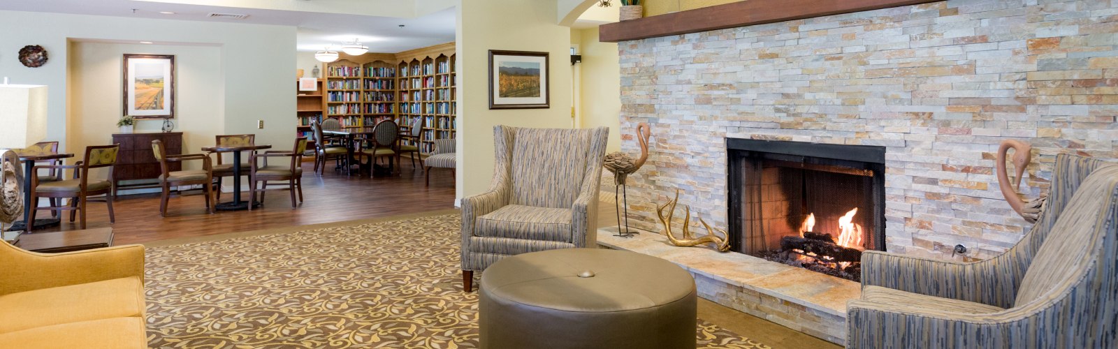 Assisted living Rohnert Park, lobby with a large stone fireplace