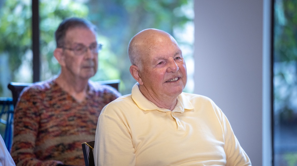 Vista Terrace of Belmont. Senior man smiling in assisted living program